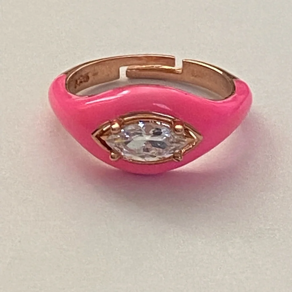 925 Silver ring pink enamel oval cz eye